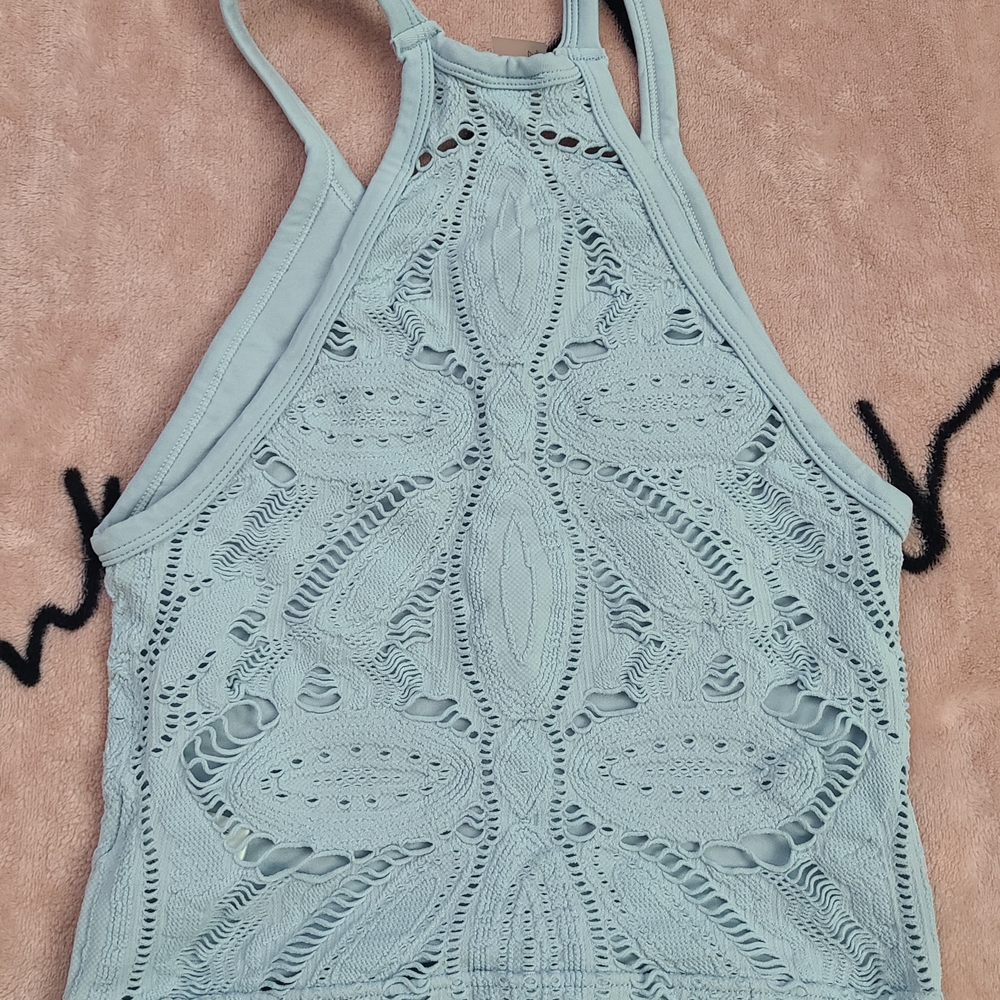 As Revival Boho Crochet Baby Blue Halter Crop Top Size L/XL